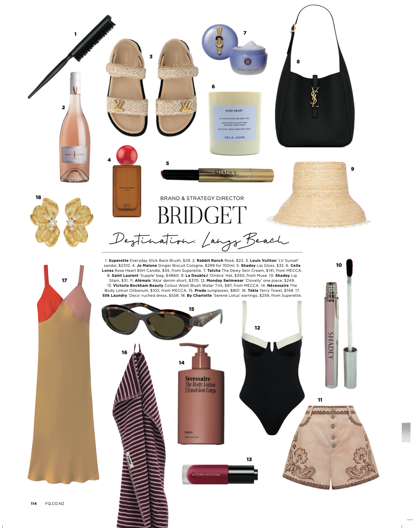 Collection of beach-themed products including shoes, sunglasses, and skincare items on a white background.