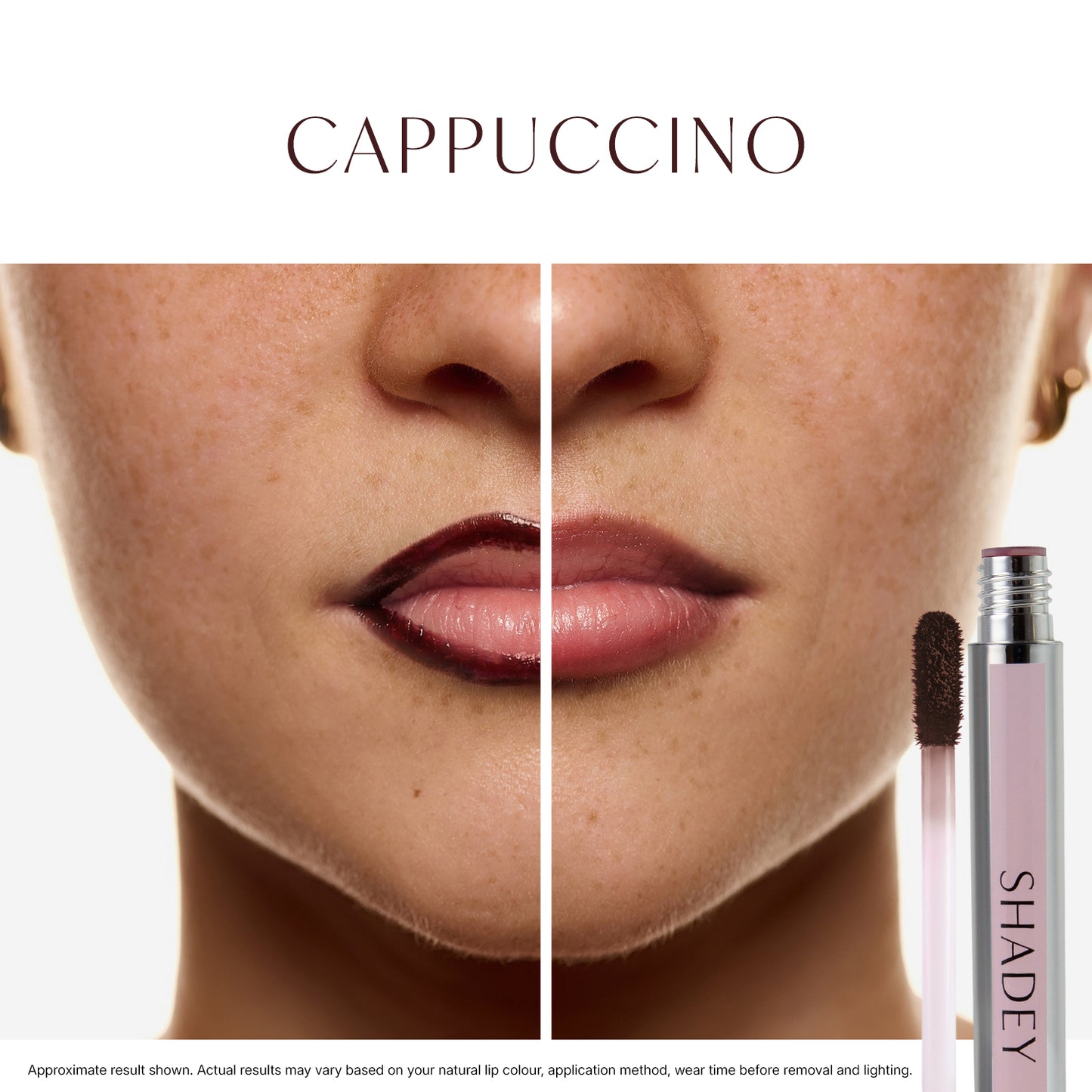 Makeup product with a close-up of lips labeled 'Cappuccino' and 'Shadey'.