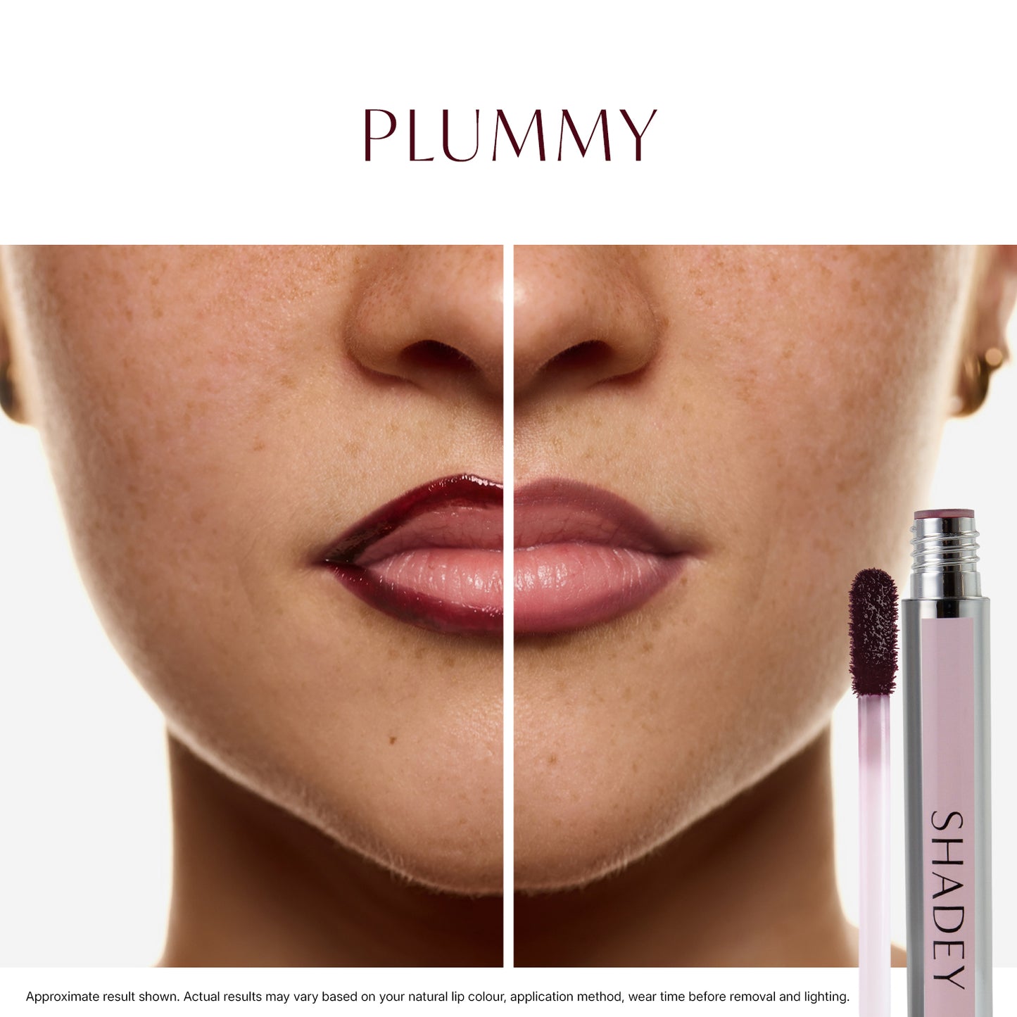 Lipstick with applicator and close-up of lips wearing the shade on a white background