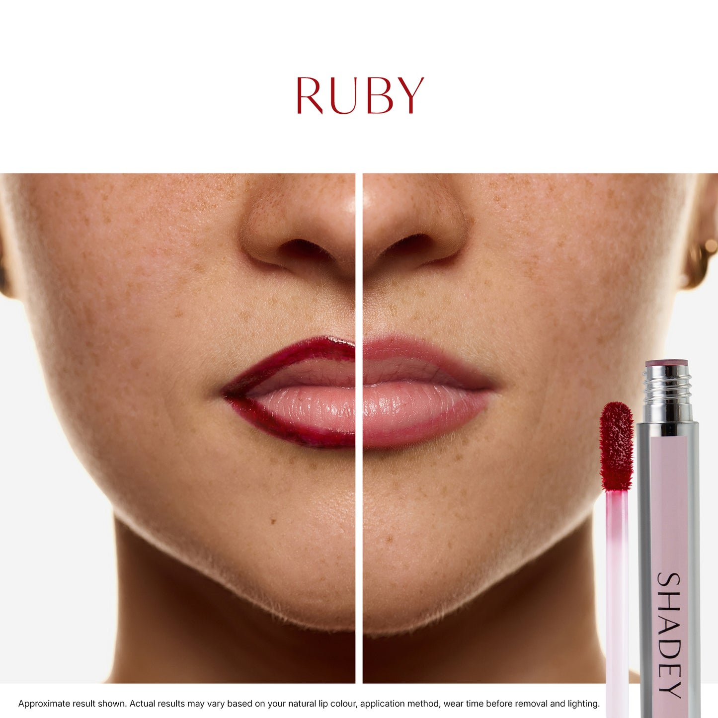 Lipstick with applicator and comparison of lip color on a person's lips.