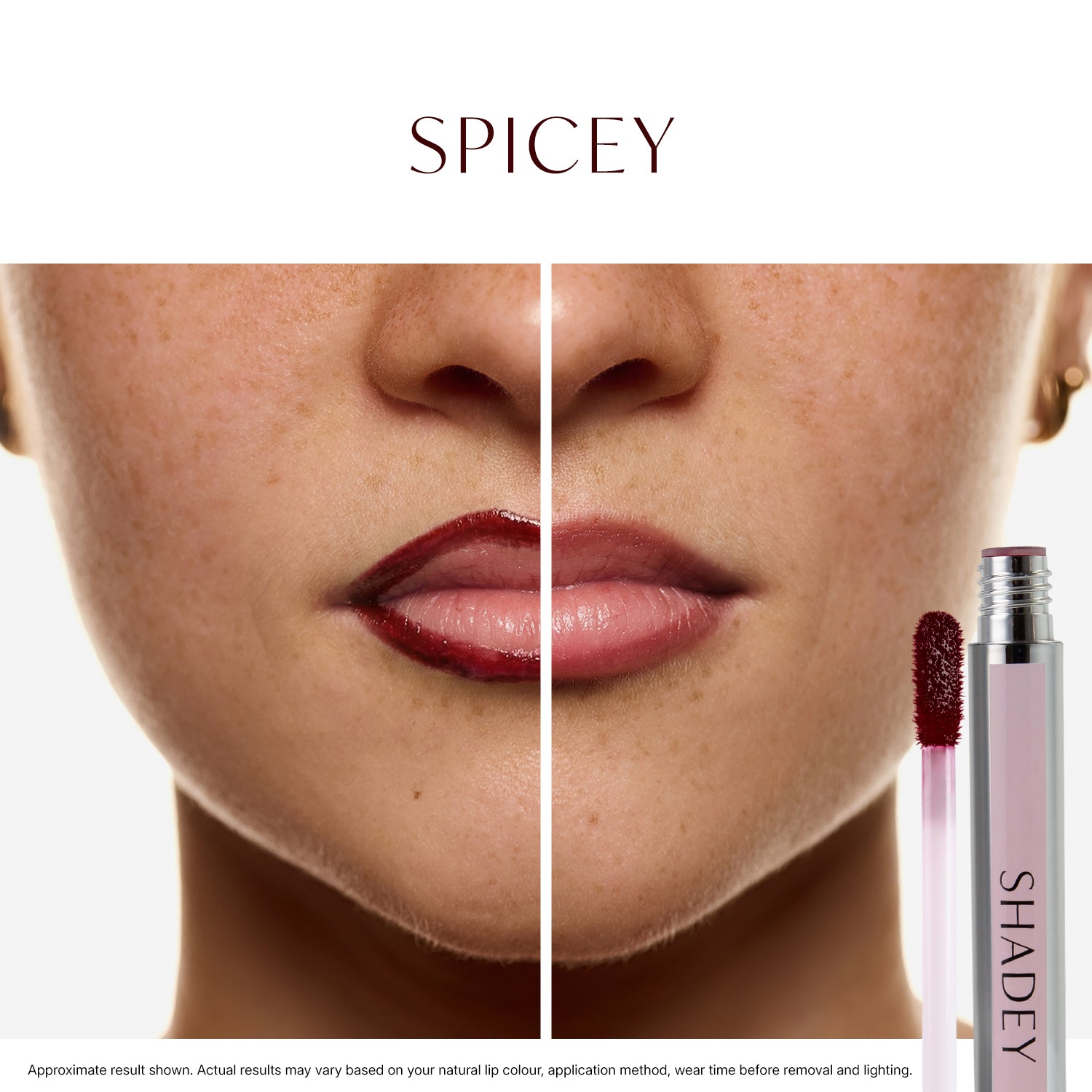 Lipstick with applicator labeled 'Shadey' on a white background