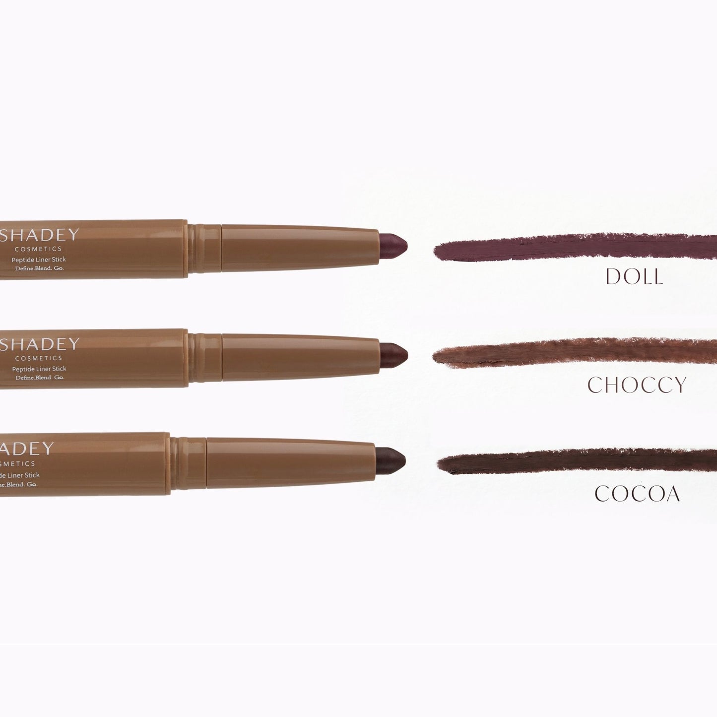 Three brown makeup pencils with color swatches labeled 'Doll', 'Choccy', and 'Cocoa' on a white background.