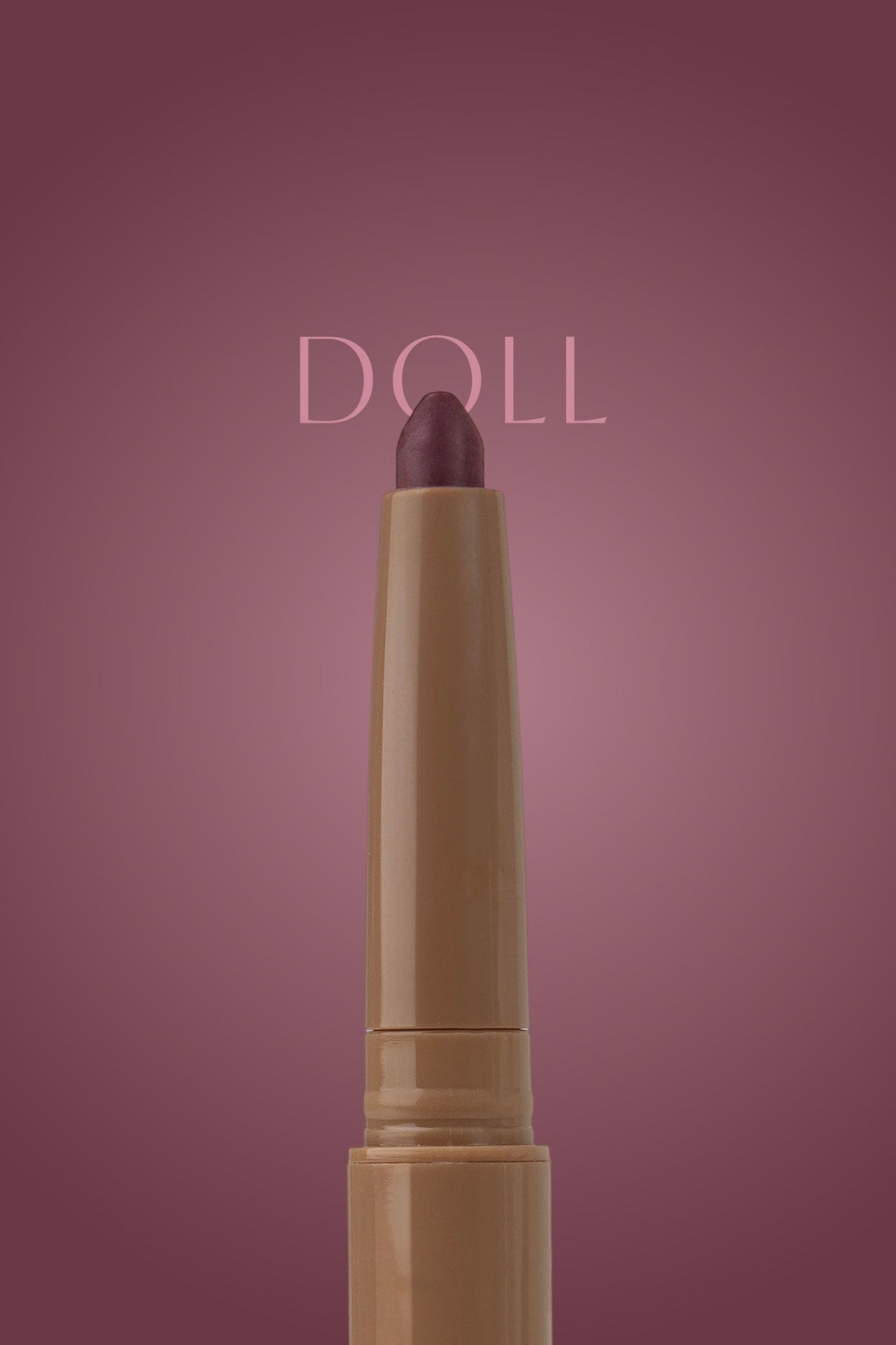 Beige lipstick with purple cap on a pink background, featuring the brand 'DOLL'.