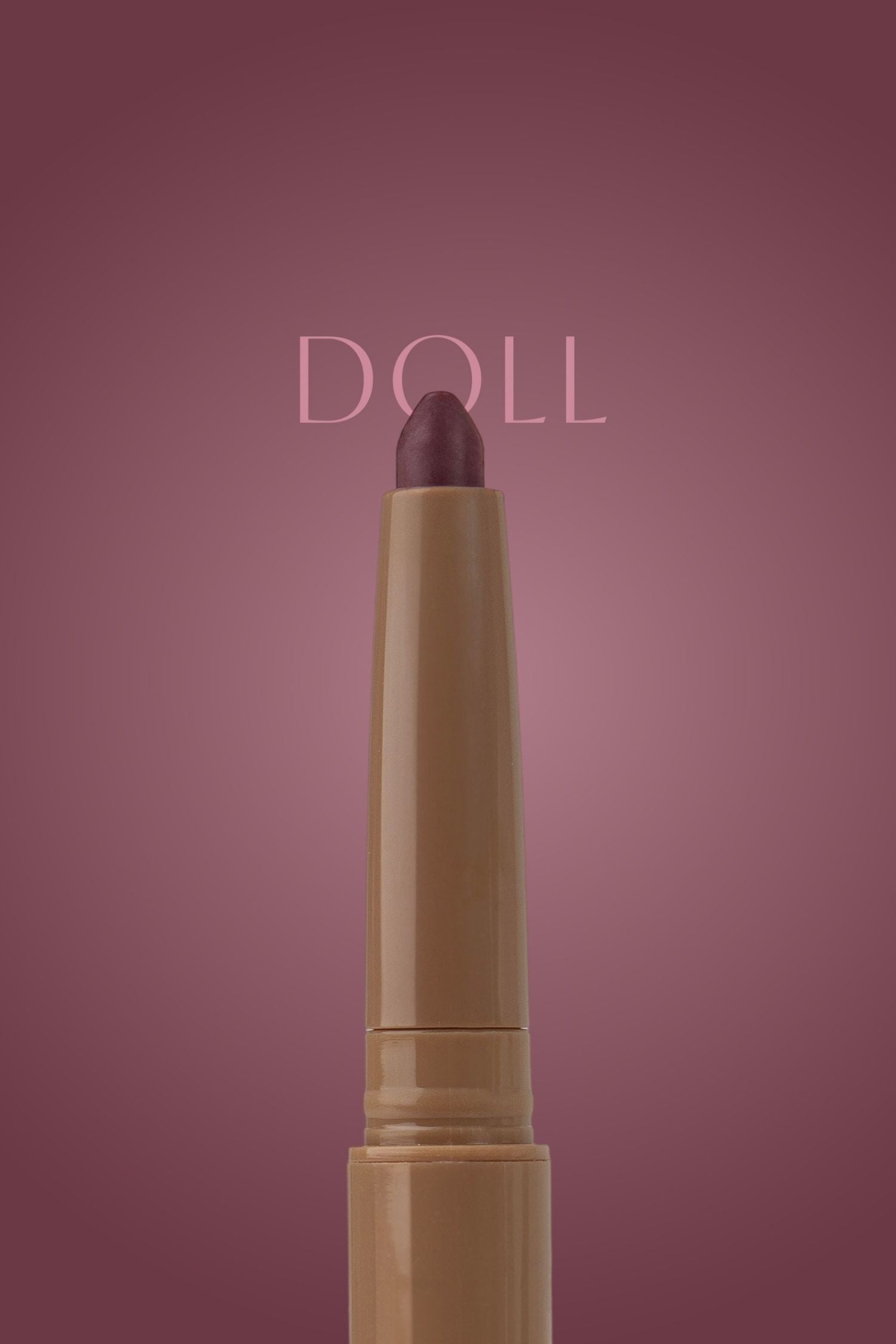 Beige lipstick with purple cap on a pink background, featuring the brand 'DOLL'.