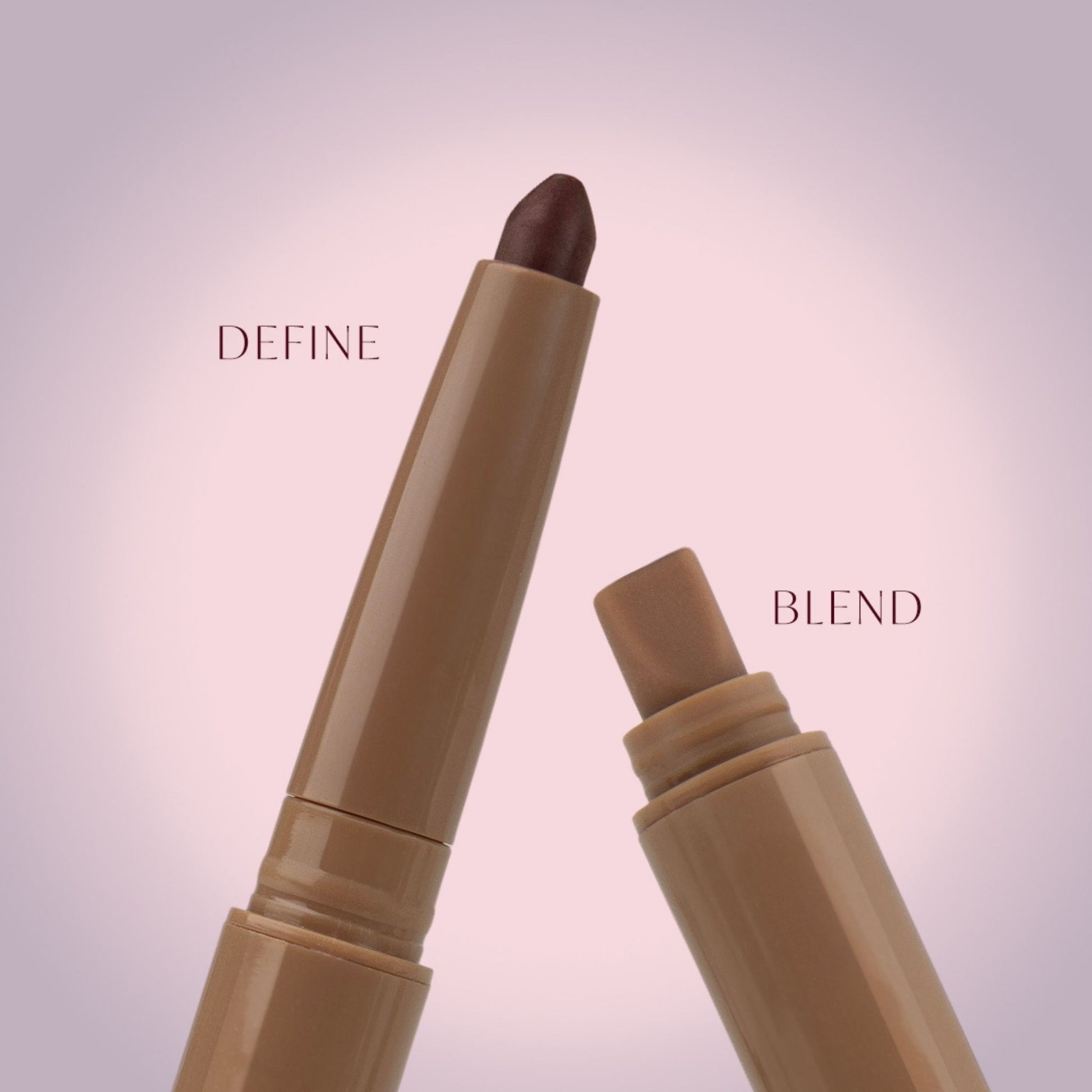 Two cosmetic applicators labeled 'Define' and 'Blend' on a light pink background
