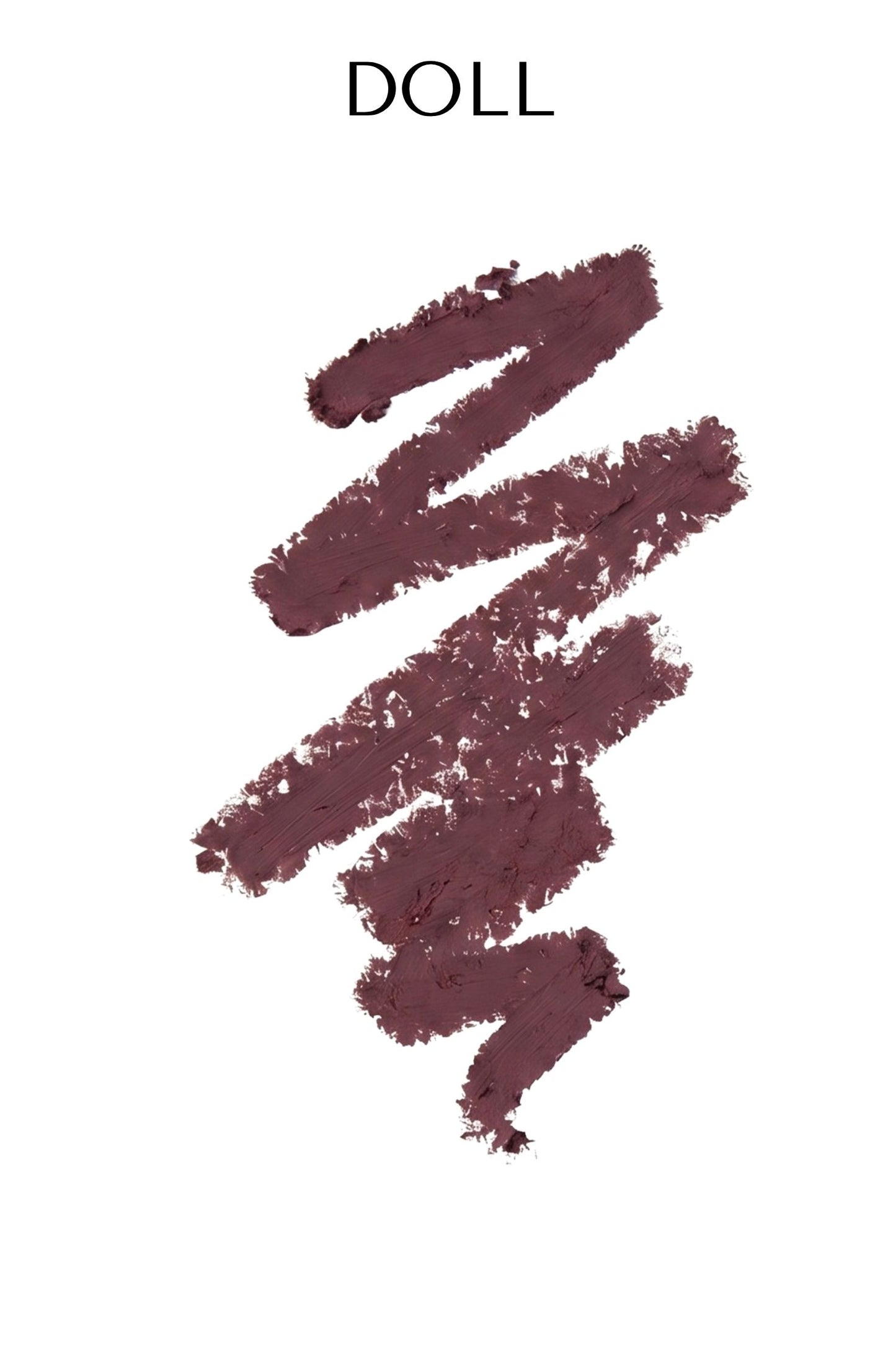 Maroon lipstick swatch on a white background with 'DOLL' branding.